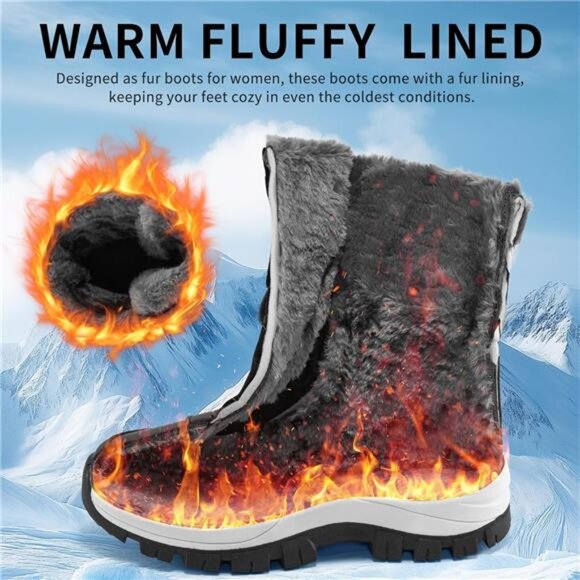 Women's Snow Boots Winter Waterproof Warm Fur Lined Non Slip Mid Calf Boots - Picture 4 of 6